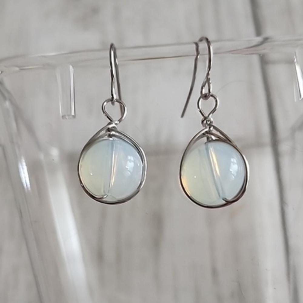 Simple Dangle Moonstone Bead wire Wrapped  Earrings